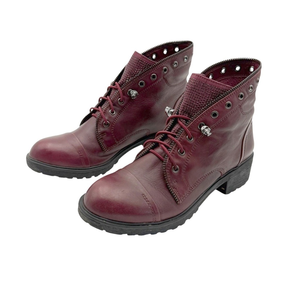 Gianni Bini US 7.5 Burgundy Leather Skull Studded Combat Boots Punk Goth Y2K